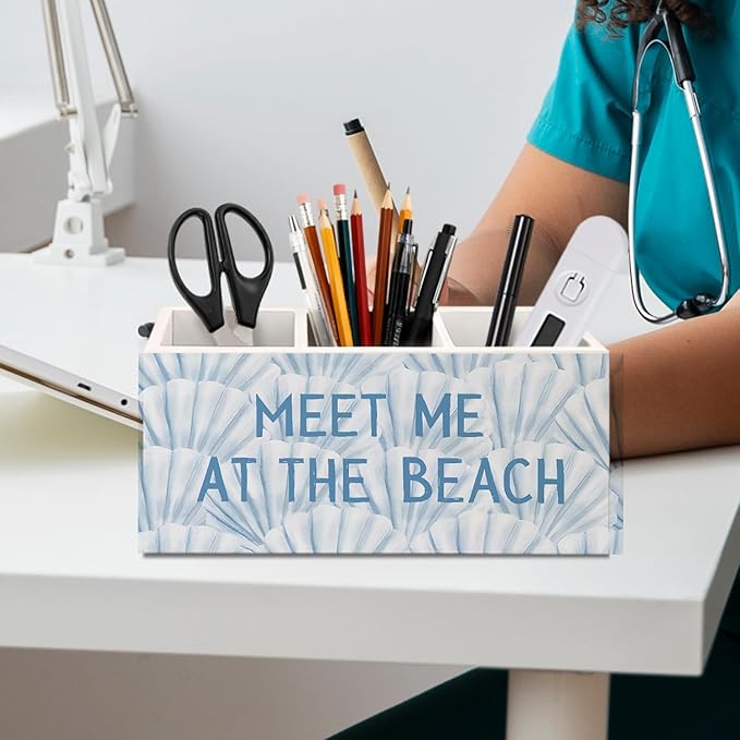 Blue Coastal Beach Seashell Wooden Utensils Holder, Meet Me at The Beach Ocean Beachy Wood Cooking Utensil Holder Organizer for Kitchen Countertop Counter Decor Accessories