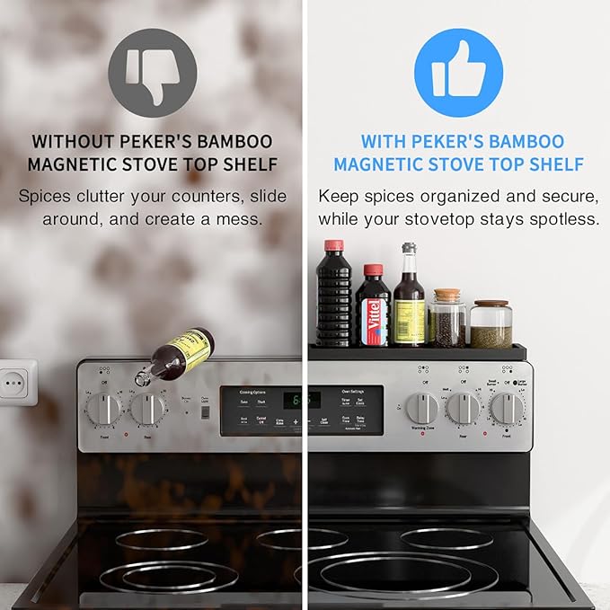 PEKER Magnetic Stove Top Shelf for 30" Stoves, Over Oven Shelf Above with Bamboo Spice Rack Organizer, Heat-Resistant, Space-Saving Solution for Kitchen Storage