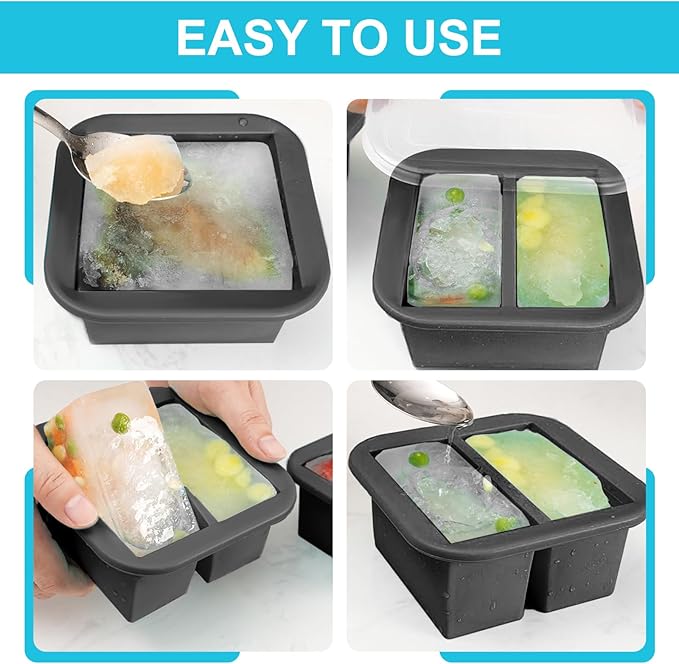 Silicone Freezer Tray with Lid 4 Pack Silicone Freezer Molds Ice Cube Tray Makes 8 Perfect 1 Cup Portions Soup Cubes Meal Prep Containers- Oven & Dishwasher Safe