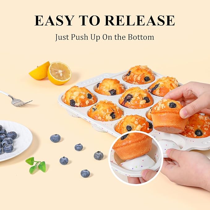 Vinino Silicone Cupcake Pan Set with Metal Reinforced Frame, Regular 12 Cup and Mini 24 Cup Muffin Pans for Baking with Non-Slip Handle, Nonstick Muffin Tray for Oven, BPA Free, Dishwasher Safe