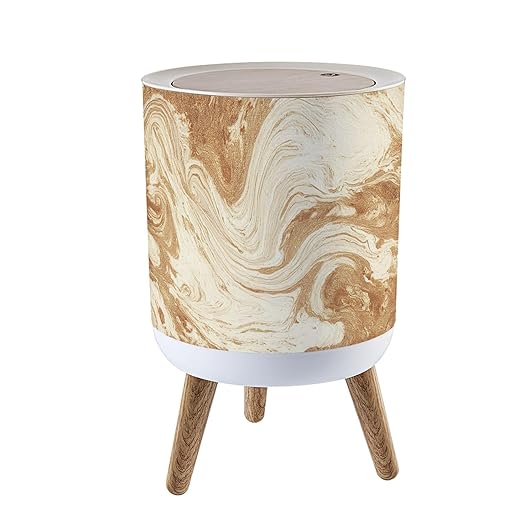 Trash Can with Lid Gold Textured Paper Press Top Round Small Garbage Bin with Wooden Legs Waste Basket for Kitchen Bedroom Nursery 7L/1.8 Gallon