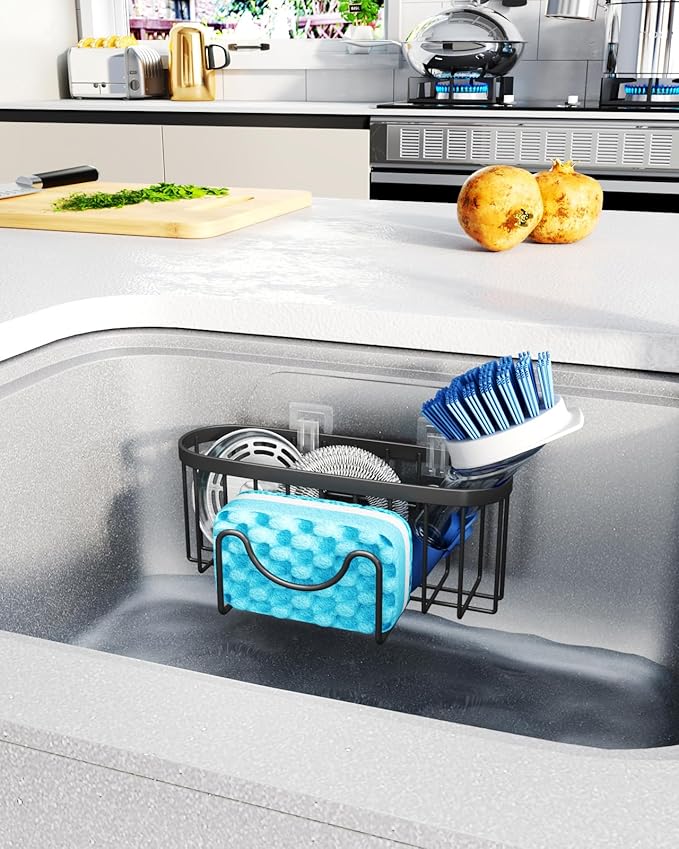 HapiRm Kitchen Sponge Holder for Sink - 2 Installation Methods Kitchen Sink Caddy Organizer with Unique M-Shaped, Rustproof Stainless Steel Sponge Caddy - Black（Large）