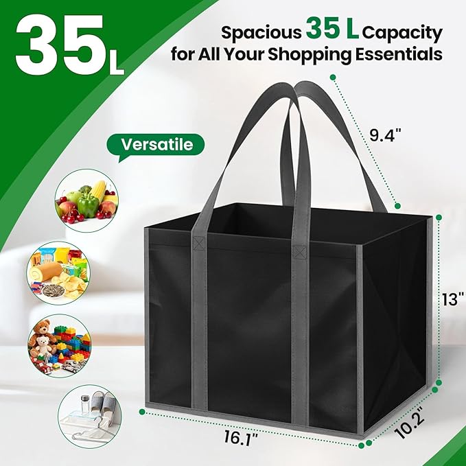 SpaceWhisper Reusable Grocery Bags with Long Handles [8 Pack] - Multipurpose Large Shopping Bags for Groceries, Foldable Grocery Totes Resist Water & Stains for Kitchen, Car Trunk, Picnic (Black)