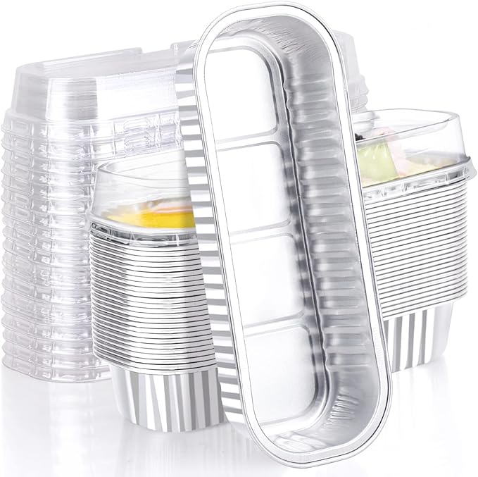 EUSOAR Creme Brulee Ramekins, 25pcs 6.8oz 6.5"x2.5"x1.2" Aluminum Foil Silver Baking Cups Mini Loaf Pans with Lids, Disposable Ramekins Cupcake Containers Wrappers, Dessert Cheesecake Pan Cups