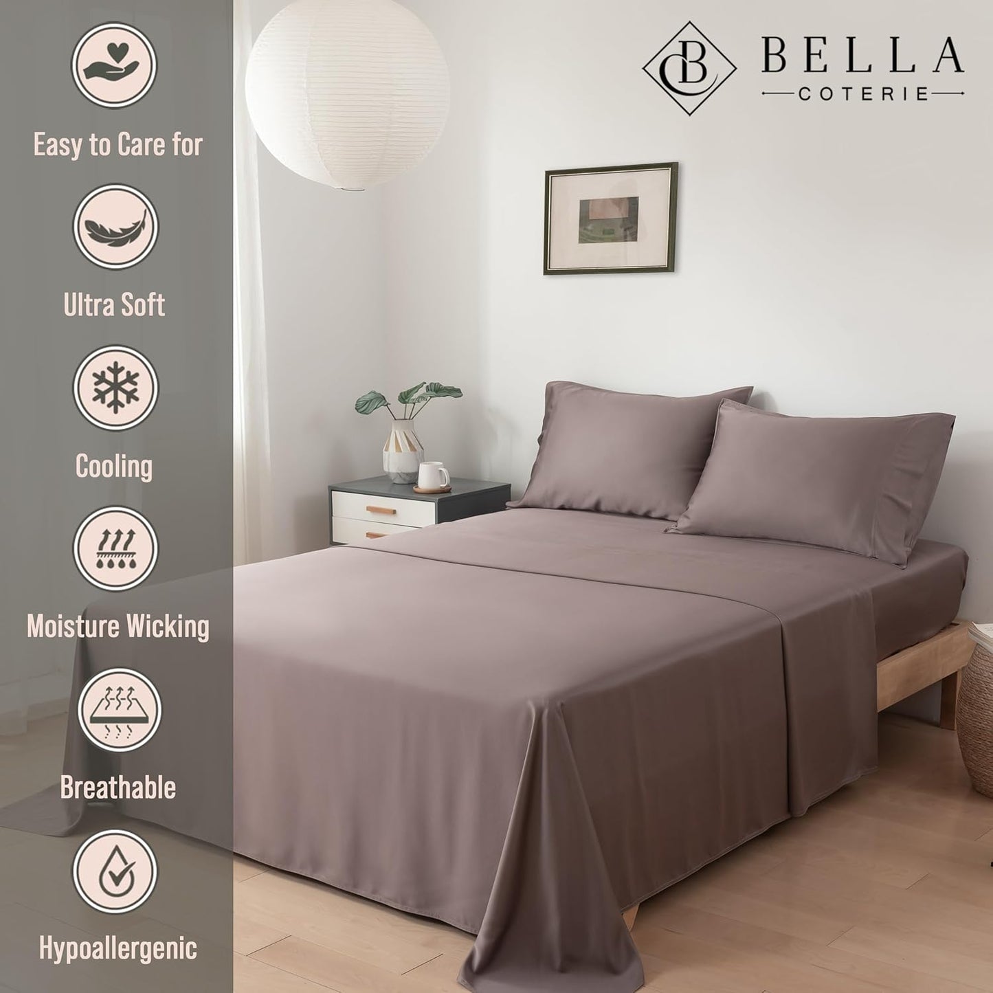 Bella Coterie Luxury Bamboo Viscose Cal King Size Sheet Set | 100% Organically Grown | Ultra Soft | Cooling for Hot Sleepers | 18" Deep Pocket [Mocha]
