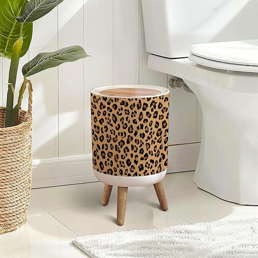 Trash Can with Lid Leopard Seamless Classic Print Skin Wild cat Fashion Press Top Round Small Garbage Bin with Wooden Legs Waste Basket for Kitchen Bedroom Nursery 7L/1.8 Gallon