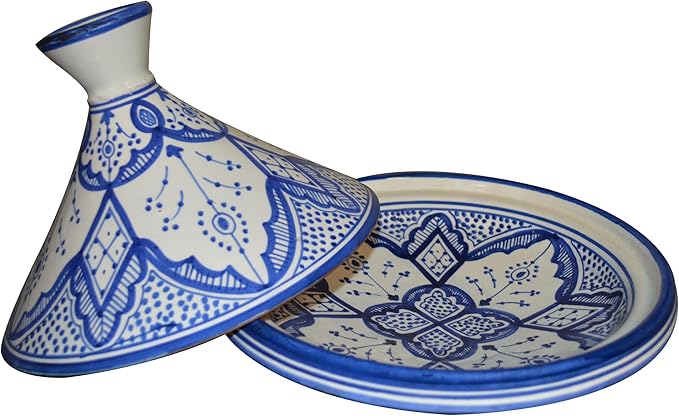 Moroccan Handmade Serving Tagine Exquisite Ceramic With Vivid colors Original 8 inches in Diameter Fes White & Blue