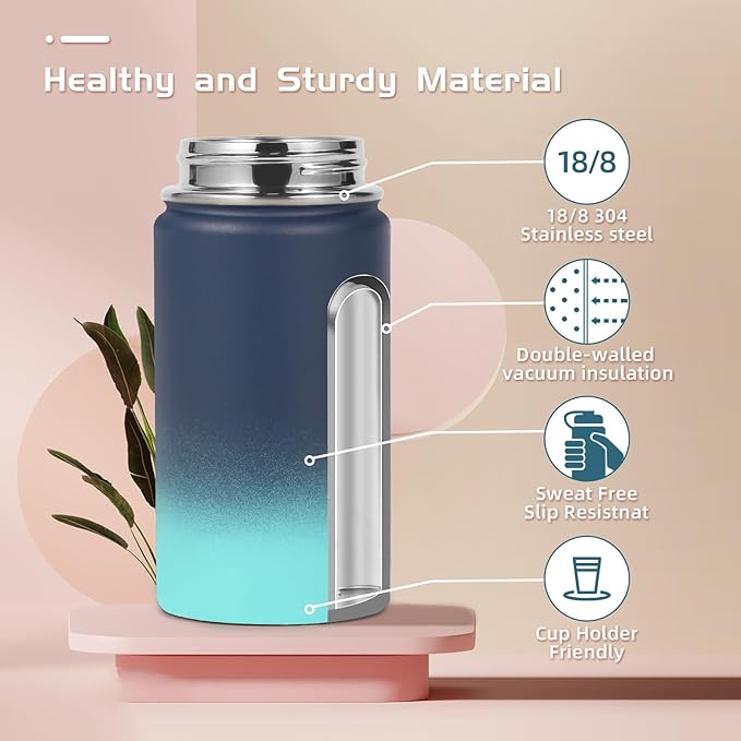 Volhoply 14oz KIds Stainless Steel Insulated Leakproof Water Bottle with Straw Lid and Silicone Boot,BPA-Free Easy Use for Boys&Girls,Double Wall Vacuum Bottles(Blue Green,1)