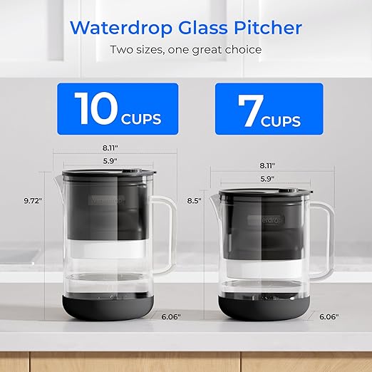Waterdrop PT-09BL 10-Cup Large Glass Water Filter Pitcher, Eco-Friendly, NSF/ANSI 53, 42 & 372 Certified Filter, Reduces PFOA/PFOS, Chlorine, Cadmium, Copper & Mercury, BPA-Free, Easy to Clean, Black