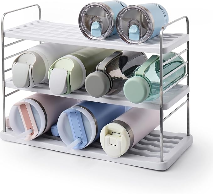 YouCopia UpSpace Water Bottle and Travel Mug Cabinet Organizer, Adjustable Storage Rack for 40 oz Stanley Tumblers, 12 Bottle Premium Edition