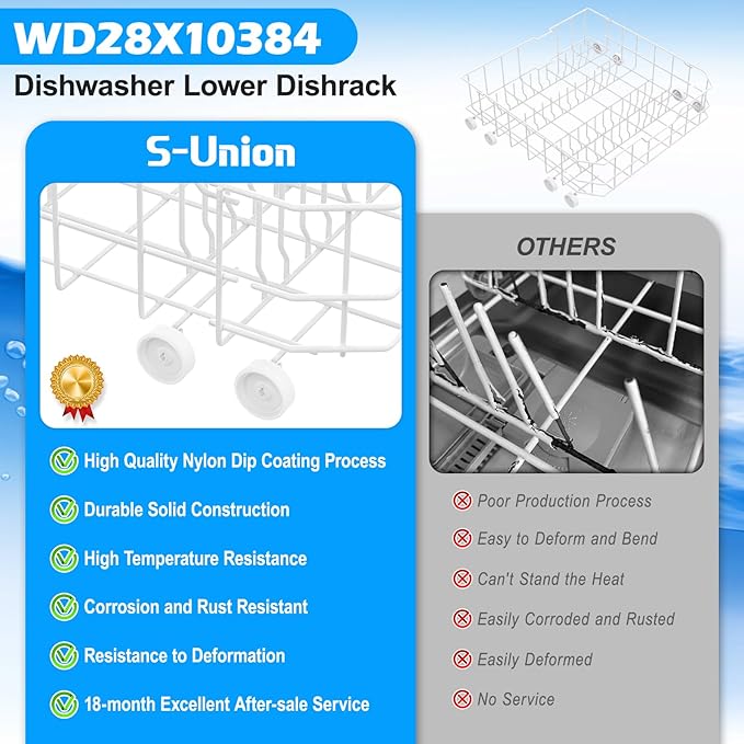 Upgraded WD28X10384 WD28X10309 Dishwasher Lower Rack Compatible with GE Dishwasher Rack Replacement Parts,WD28X10166 WD28X10165 General Electric Dishwasher Parts Bottom Rack GLD4560V00SS with Wheels