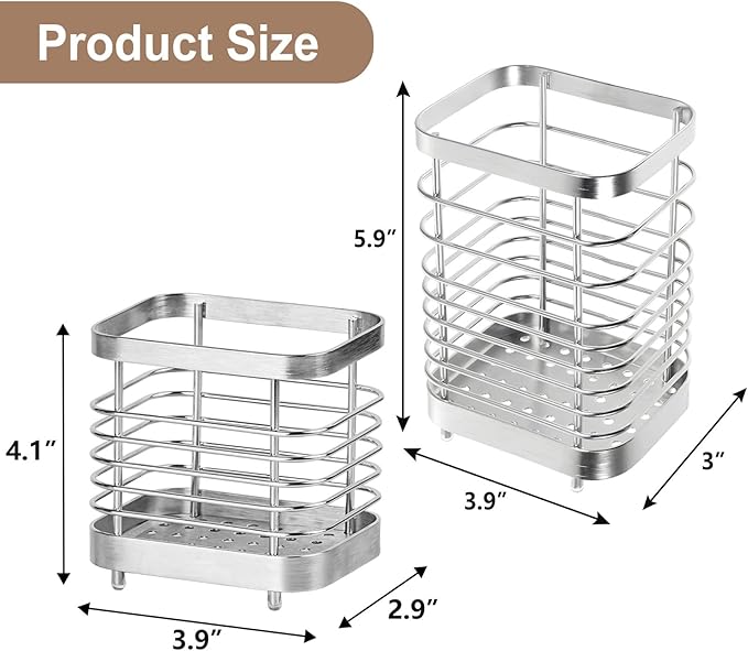Utensil Holder, Stainless Steel Utensil Drying Rack for Kitchen Counter, Silverware Cutlery Flatware Holder Forks, Knives, Spoons, Chopsticks Organizer (Silver)