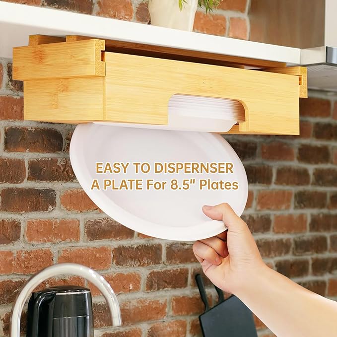 Paper Plate Dispenser - 9 inch Bamboo Paper Plate Dispenser Under Cabinet, Kitchen Counter Vertical Paper Plate Holder Organizer Countertop Caddy (Bamboo)