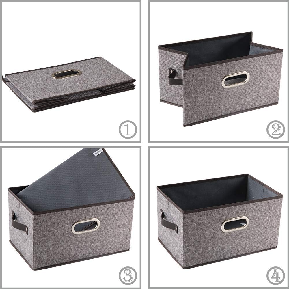 PRANDOM Fodable Storage Bins for Closet [3-Pack] Decorative Fabric Storage Baskets Cubes with Leather/Metal Handles for Shelves Bedroom Living Room Grey (11.5x8.5x6.7 Inch)