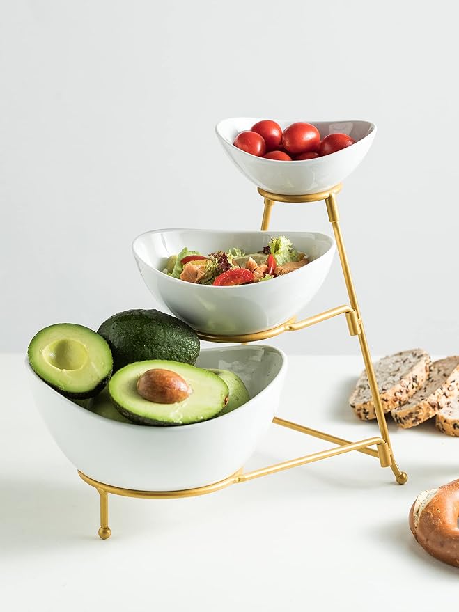 Miamolo 3 Tier Serving Bowls with Stand, Chips and Dip Serving Dishes Set for Entertaining Party, Ceramic Fruit Bowl for Salad Soup Snacks, Microwave & Dishwasher Safe