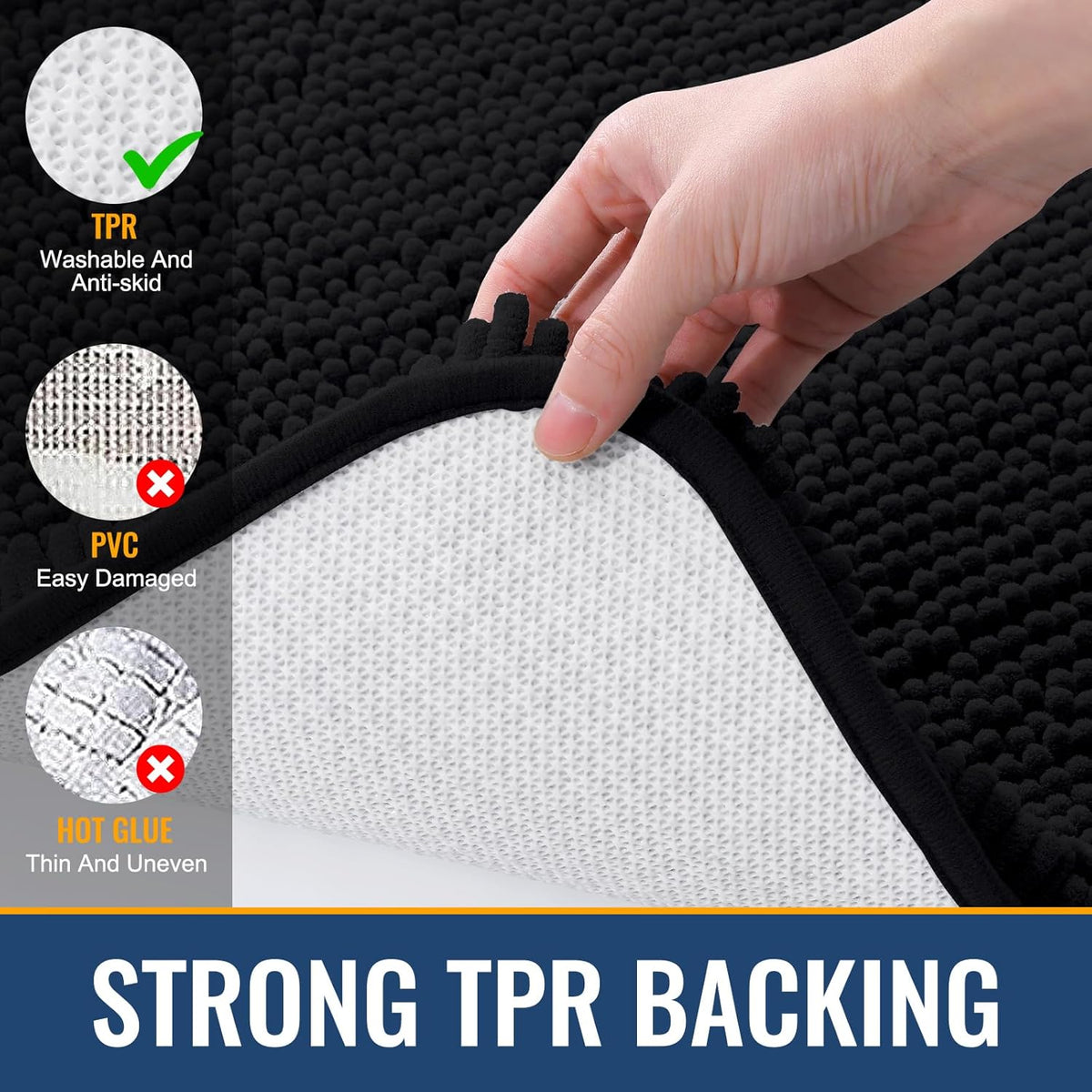 Arotive Bathroom Rugs 47x24, Extra Soft Absorbent Shaggy Chenille Bath Rugs, Machine Washable Rubber Backing Non-Slip Bath Mats for Bathroom Floor Tub and Shower, Home Decor Accessories, Black