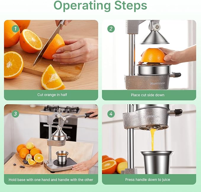 Cast Iron Juicer, 17"Tall & Sturdy Flat Base | Heavy-Duty Manual Hand Press Juicer For Orange Lemon Lime Pomegranate & Citrus, Orange Squeezer, Stainless Steel Cup, Easy to Clean, Silver Gray