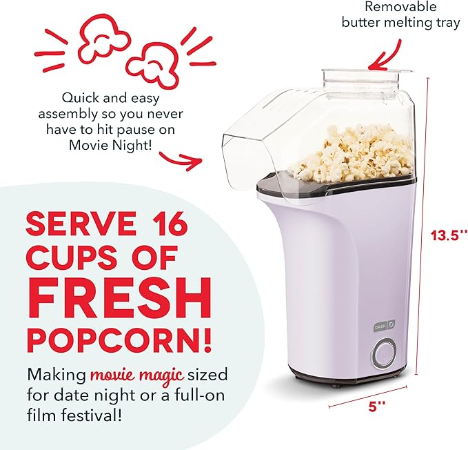 DASH Hot Air Popcorn Popper Maker with Measuring Cup to Portion Popping Corn Kernels + Melt Butter, 16 Cups - Lavender