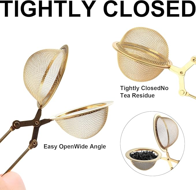 Luckyiren Snap Tea Ball Infuser with Handle; Premium Stainless Steel Fine Mesh Screen Tea Strainer Filters Colander Cullender Sieve Infusion Steeper Maker for Loose Leaf Tea Herbs, 2 Pieces, Golden