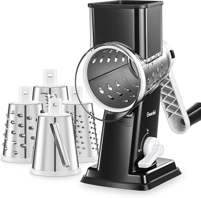 Geedel Rotary Cheese Grater - Upgraded Vegetable Shredder with 4 Interchangeable Blades, Easy to Clean Cheese Shredder with Handle, Kitchen Grater Nuts Grinder for Cutting Cheese, Vegetable, Nuts