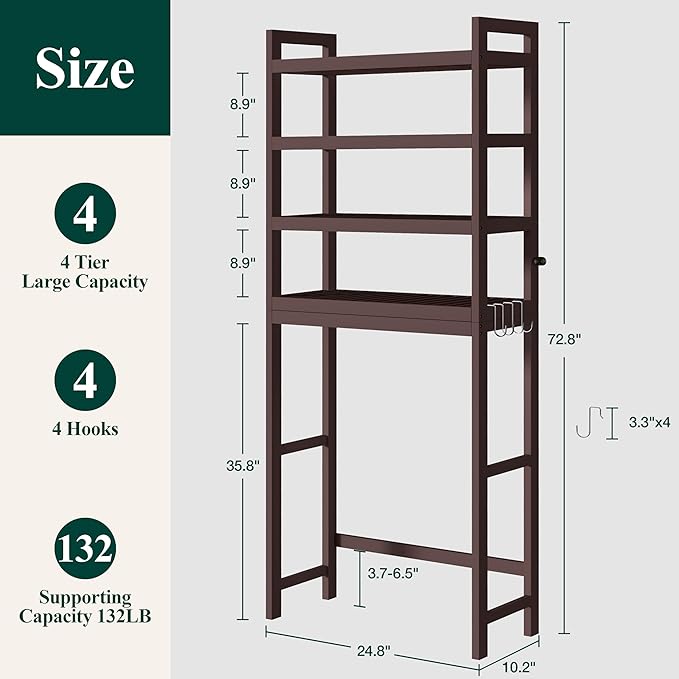 Smiry Over The Toilet Storage Cabinet, 4-Tier Bamboo Bathroom Organizers with Adjustable Shelf & 4 Hooks, Space Saving Shelf Rack for Bathrooms, Laundry Room, Balcony, Brown