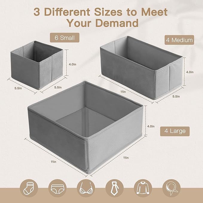 Criusia Drawer Organizer Clothes, 14 Pack Dresser Organizer for Baby Clothes, Underwear, Sock- Foldable Closet Organization and Storage Dividers Bins for Nursery, Bedroom and Dorm (Grey)