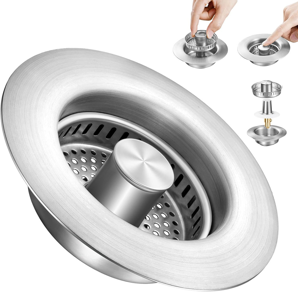 2025 Upgraded 3 in 1 Kitchen Sink Drain Strainer&Sink Stopper,Stainless Steel Pop up Sink Drain Strainer,Anti-Clogging Basket Strainer,High Durability with Brass Core,Fit 3-1/2",Chrome