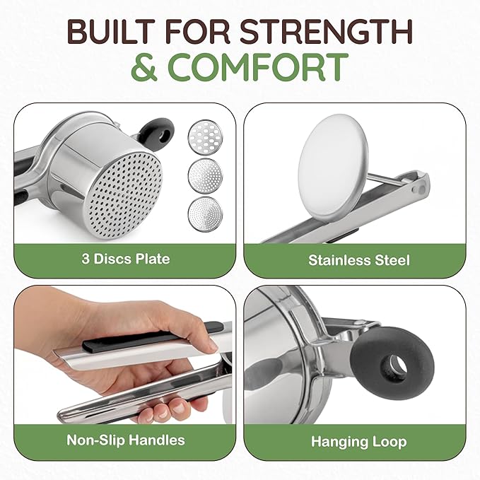 Large 15oz Potato Ricer with 3 Discs - Heavy Duty Stainless Steel Potato Masher and Ricer for Mashed Potatoes | Non Slip Baby Food Squeezer, Kitchen Gadget Tool for Food Press & Food Mill