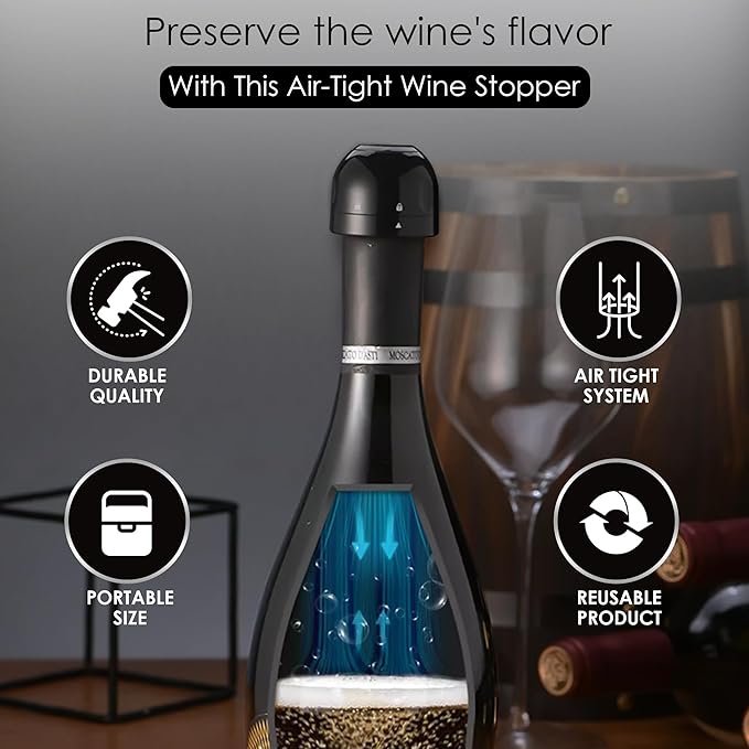 GOCHA | Champagne Stoppers With Vacuum Built-in | 1.5 inch Silicone Twist Top Wine Stopper | Reusable, Leak Proof (1 Wine + 1 Champagne Cork Stopper) | (Pack of 2)