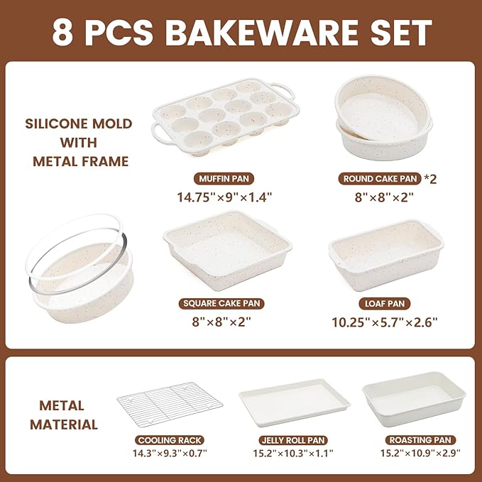 Vinino 8-Piece Baking Pans Set Nonstick, Bakeware Set includes Silicone Muffin, Loaf, Cake Pans with Metal Reinforced Frame, and Carbon Steel Roasting Pan, Cookie Sheet, Cooling rack for Oven-Cream