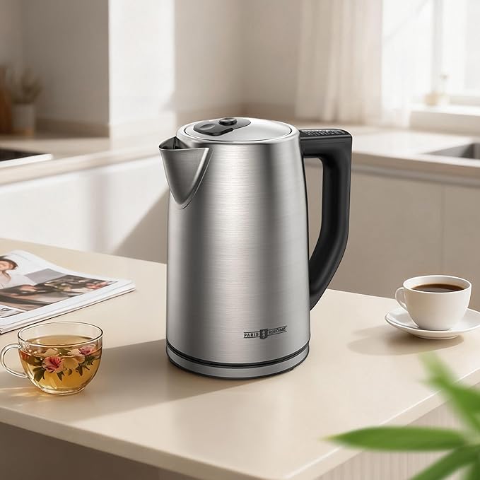 PARIS RHÔNE Electric Kettle with 6 Precise Temperature Presets, 1.7L Stainless Steel Tea Kettle for Oolong & Green Tea, 1500W Fast Boil Coffee Kettle with Strix Control & Keep Warm, Silver