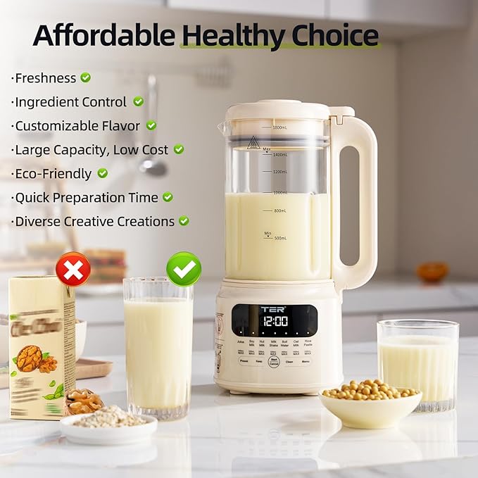 TER Nut Milk Maker Machine, 10-in-1 Soy Milk Maker for Almond/Oat/Soy Milk, Juice, Milkshake, Rice Paste, Auto Clean/24H Preset Time/12H Keep Warm, with 7 Accessories, Beige