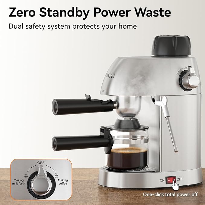 Queyd 3.5 Bar 4 Cup Espresso Cappuccino Machine, Stainless Steel Espresso Machine, Compact Expresso Machines for Home, Latte and Cappuccino Machine with Milk Frother, Dual Safety Switches, 800W