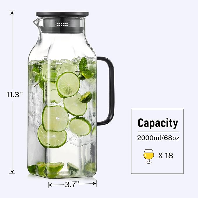 2 Pack 2 Liters/68 oz Square Glass Pitcher with Lid and Handle for Fridge, Iced Tea and Coffee Carafe Beverage Serveware, Heat Resistant Borosilicate Water Black Jug for Hot/Cold Drinks and Milk