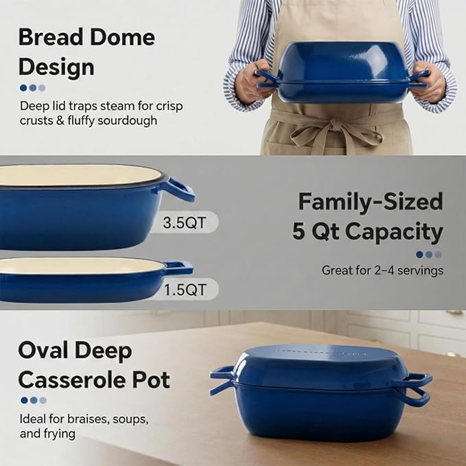Northriver Casting Enameled Cast Iron Oval Dutch Oven for Bread Baking，12"x8" Bread Pot with Lid，Ideal for Sourdough, Artisan Loaves & Family Meals，5 Qt