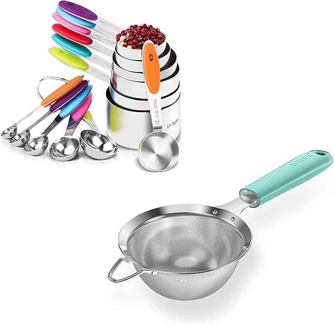 U-Taste 12 Piece Measuring Cups and Spoons Set in 18/8 Stainless Steel (Multicolors), and 18/8 Stainless Steel 3.9 inch 30 Mesh Strainer (Aqua Sky)