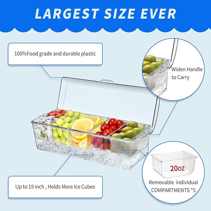 2 Pack Large Ice Chilled Condiment Caddy，Chilled Condiment Containers Server with Lids for 5 Removable Compartments，Serving Platters, Fruit & Garnish Tray for Party Supplies & Bar（2 Pack）