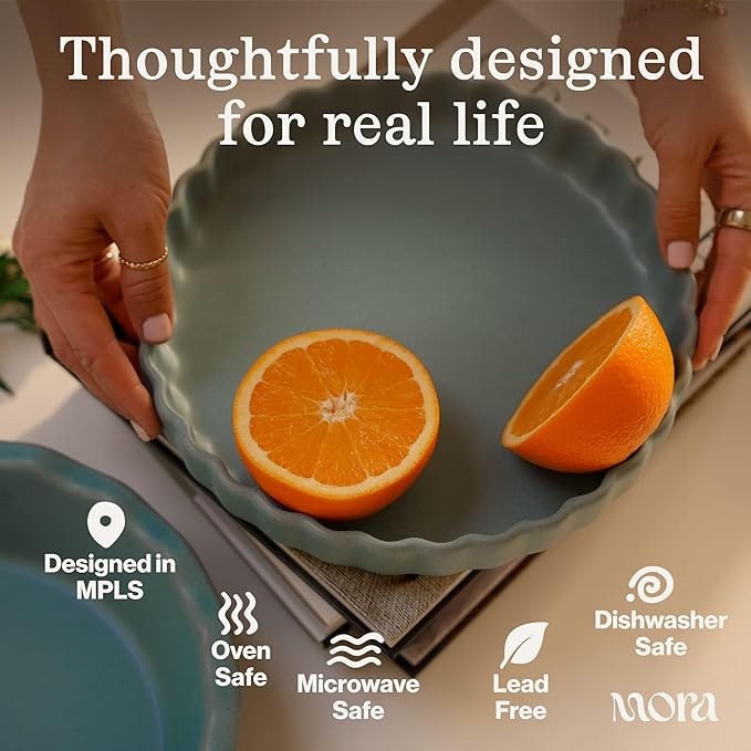 MORA Ceramic Tart Pan, 9.5 Inch Large Porcelain Baking Dish for Tarts, Quiche, Pie, Flan etc. Fluted Ruffled Edge, Oven, Microwave, Freezer, and Dishwasher safe - Great Gift For Bakers - Thyme