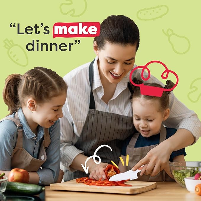 Baketivity Kid Safe Plastic Knives for Real Cooking with Cutting Board, Peeler for Kitchen - Knife Set with Blunt Tip, Dishwasher Safe, BPA Free Kids Knives for Cutting