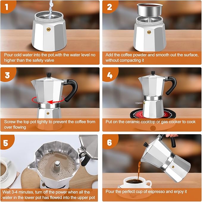 6 Cup Aluminum Espresso Stovetop Moka Pot Express Coffee Maker Percolator Italian Classic Mocha Coffee Machine for Italian and Cuban Cafe Brewing for Home & Camping 300ml 10oz
