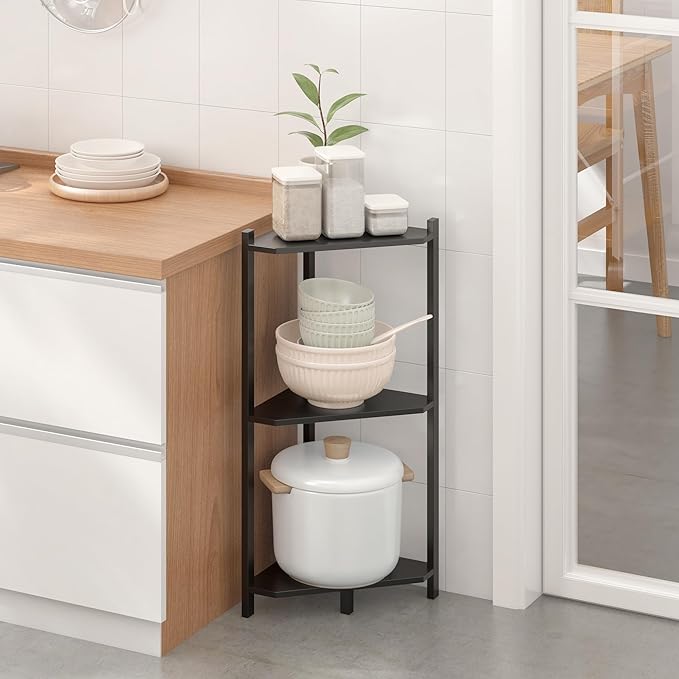 Wisuce Corner Shelf, 100% Real Bamboo Shower Corner Shelves Free Standing Shelf Storage Organizer for Bathroom Living Room Kitchen (Black, 3 Tier)