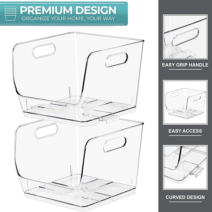 Sorbus Stackable Storage Bins Open Front, Clear Stackable Storage Bins, Pantry Bins for Storage and Organization, Acrylic Stackable Bins for Kitchen, Clear Pantry Organizer Bins (Medium Square 2 Pack)