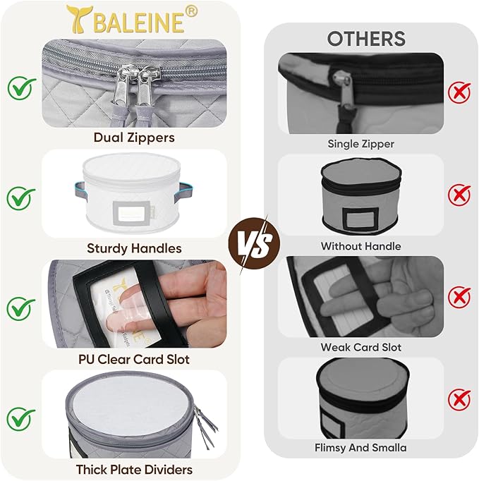 BALEINE China Storage Containers, Sturdy Quilted Wine Glass Storage, Plate Organizer with Carry Handles, Moving Boxes for Dishes, Cups, Mugs and Stemware (Plate Set, Soft Shell Grey)