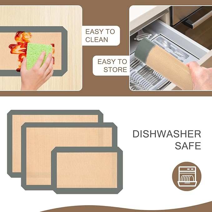 Silicone Baking Mat, Reusable Silicone Mats for Baking Set of 3, Non-Stick Baking Supplies for Pastries, Cookies, Macaroons, Bread