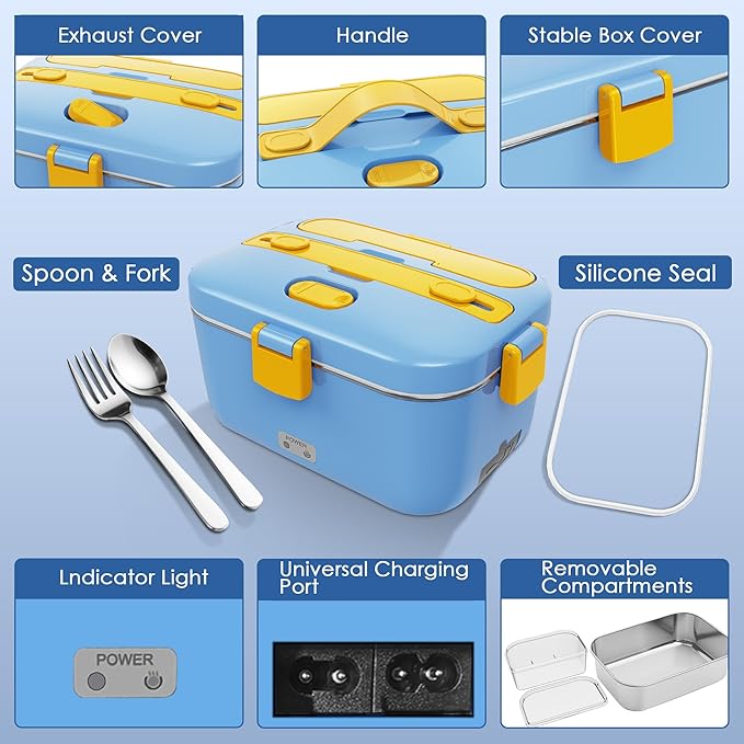 COZYEXPERT 100W Heated Lunch Boxes for Adults 12V 24V 110V-230V Electric Lunch Box Food Heater for Car/Truck Portable Food Heating Boxes with 1.8L 304 SS Containe