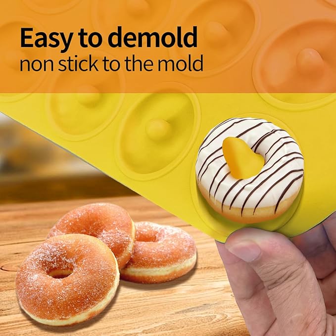 Silicone Donut Pans, Mini Silicone Baking Molds Donut Pans for Baking Tasty Donuts, Bagels, Cakecups and More (Yellow)