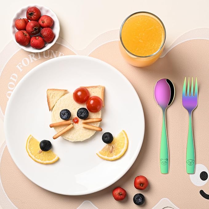 DEHOV Rainbow Toddler Eating Utensils Set,Set Of 12 Food Grade Stainless Steel Silverware Sets For Kids,Dishwasher Safe Children Small Metal Spoons And Forks Flatware Sets