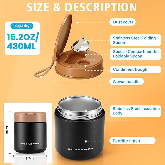 15.2oz Kids Thermo for Hot Food – Vacuum Insulated Food Jar with 316 Stainless Steel Interior, Leakproof Wide Mouth Soup Thermos for School Lunch (Black)