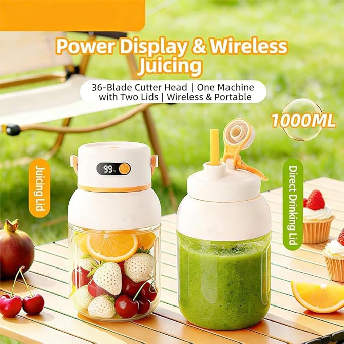 Portable Electric Juicer Cup with Zero Cord Hassle, 800-1200ML Personal Rechargeable Blender Portable for Shakes and Smoothies, with 36 Stainless Steel Blades, Straw and Two Lids (800ML/28.22OZ)