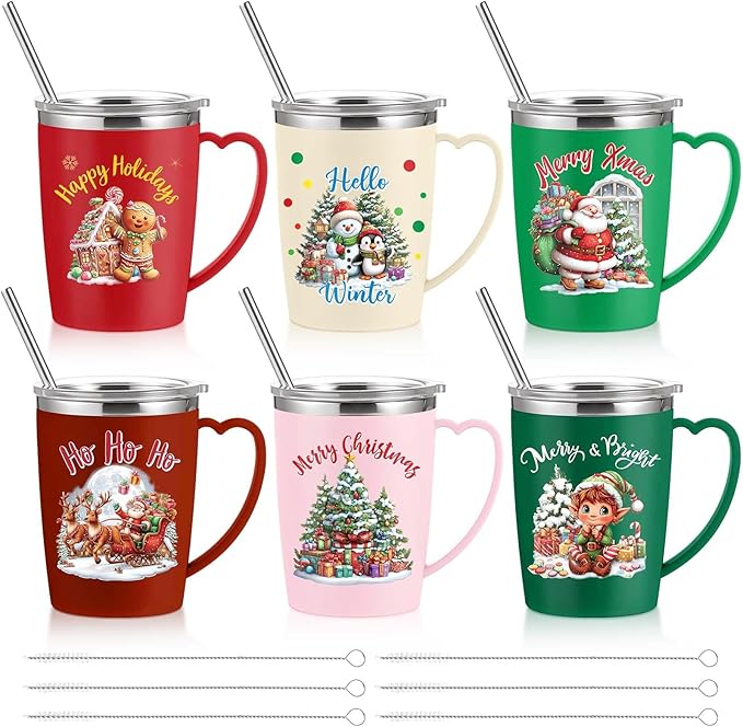 Maxcheck 6 Pcs Christmas Coffee Mugs Cups 16 oz Merry Christmas Stainless Steel Insulated Tumblers Bulk with Handle Lid Straw Brushes Red Green Xmas Tree Santa Claus Mug Gifts for Winter Holiday Party